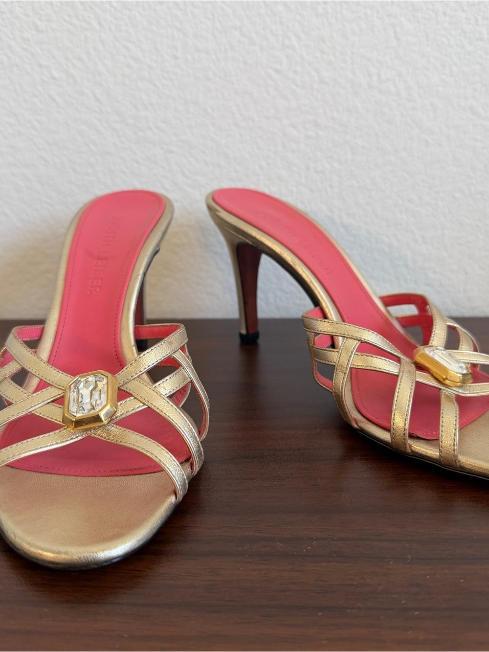 Judith Leiber Gold Strappy Heeled Mules with Pink Insole Size 6
